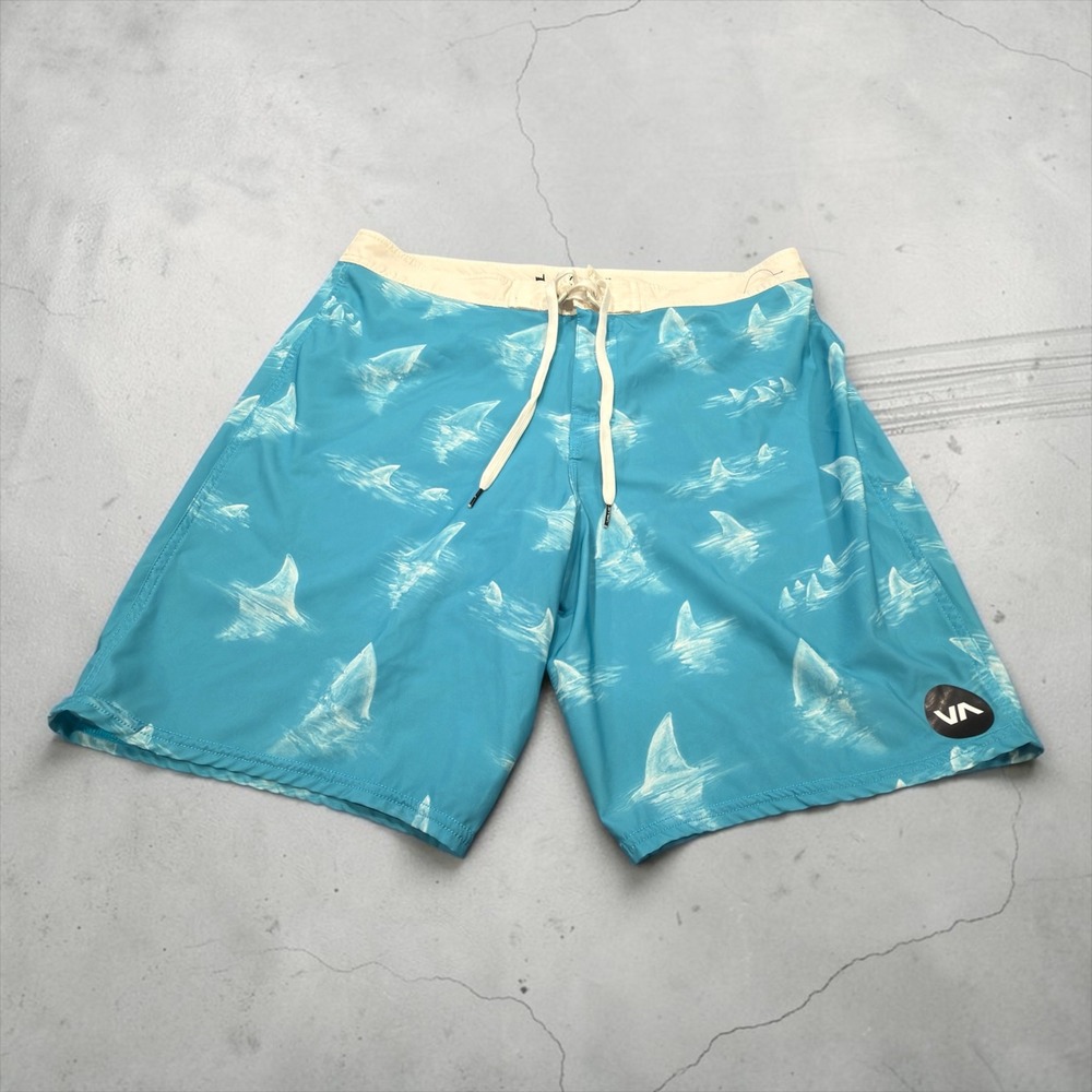 RVCA Board Shorts Mens 34 Turquoise Blue Shark Fin Print Stretch Surf Swim Trunk